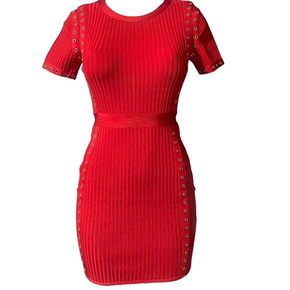Punch Hole Punk Look Red Mini Dress Bodycon Short Sleeve Ribbed Bandage Fit M - Picture 4 of 9